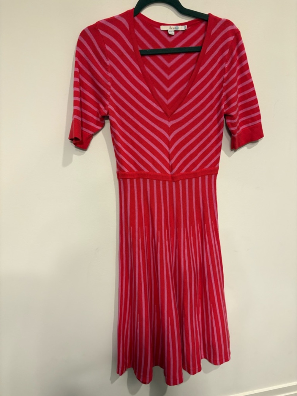 BODEN amelie knit Bright Pink Striped V-Neck Dress wool blend 8 L - Picture 2 of 6